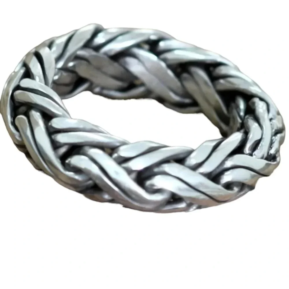 Silver color metal woven braided design ring vintage look, US 6